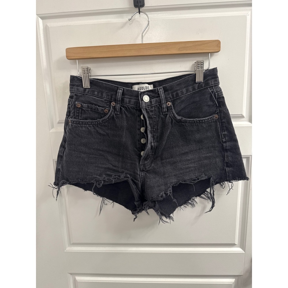 AGOLDE Parker High Rise Distressed Denim Shorts Washed Black Carbon Size 24